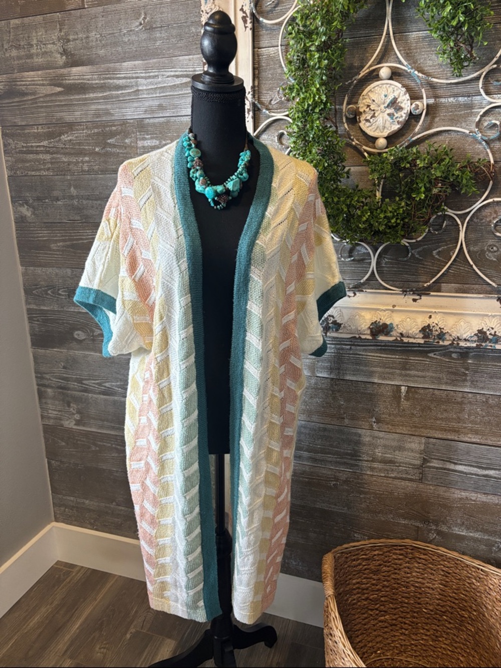 Autumn Skye (Size L) Pastel Open Front Knit Duster with Teal Trim - Beach Vibes